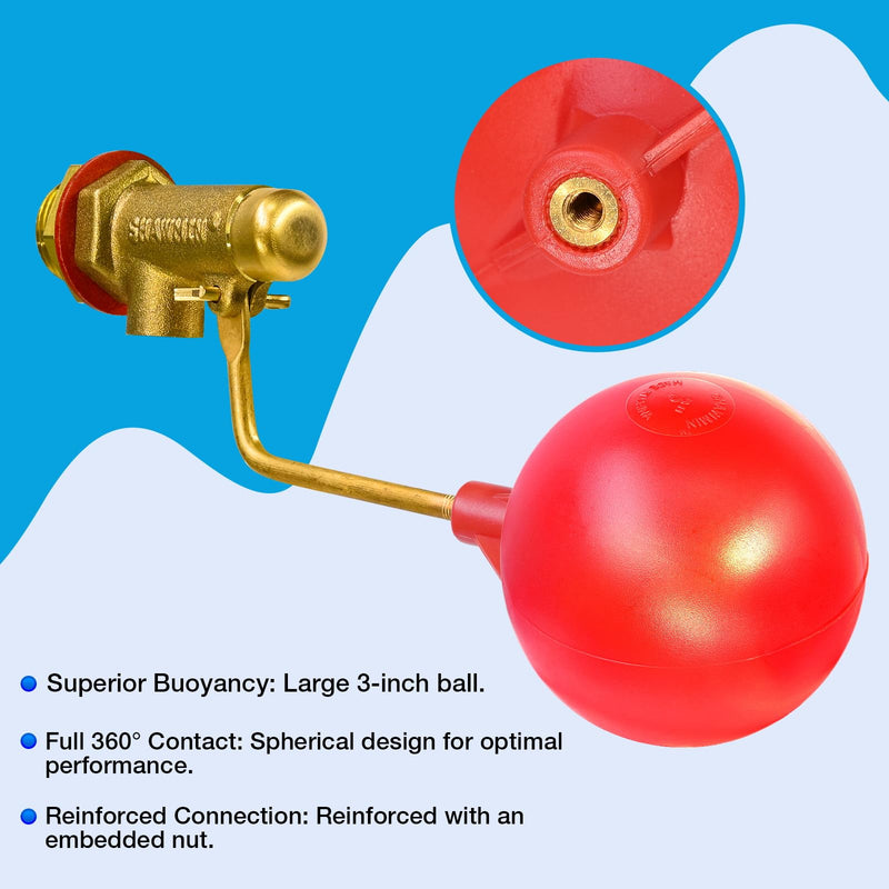 3/8" Water Float Valve for Pool & Pond – Heavy-Duty Brass Auto-Fill Valve, Compact Design with 3" Large Float for Reliable Shut-Off, 125 PSI Water Level Controller