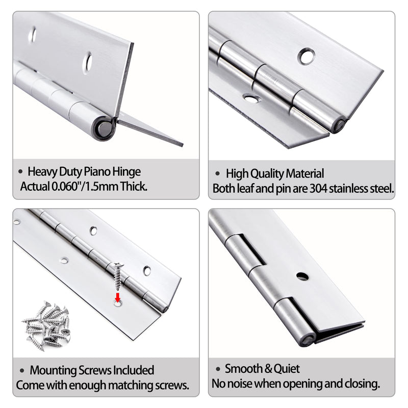 [Australia - AusPower] - 2 Pack Heavy Duty Piano Hinge 12 Inch x 3 Inch Stainless Steel Continuous & Piano Hinges with Holes, 12" Continuous Hinges for Cabinet, Door, DIY Wood Boxes, 0.060" Leaf Thickness, 3" Open Width 