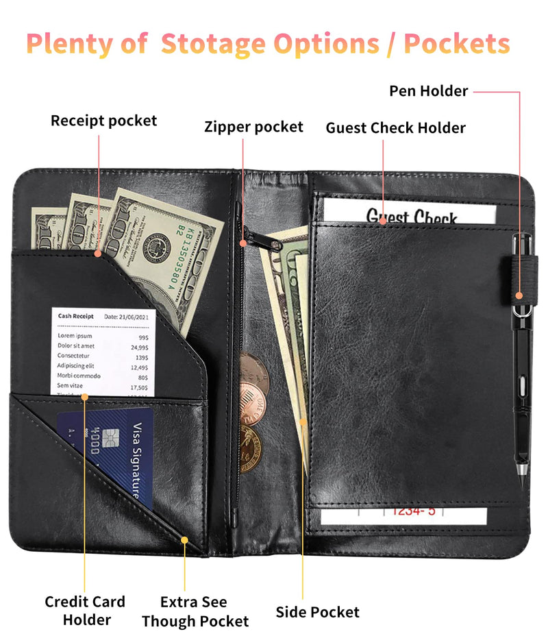 [Australia - AusPower] - Server Book for Waitress, Leather Waiter Book Server Wallet with Hidden Zipper Pocket Pen Holder Cute Waitress Book&Waitstaff Organizer with Money Pocket Fit Server Apron,Colorful Skull Rose Flower AUOX2-CDB-01-A214 5" x 8" Server Books 