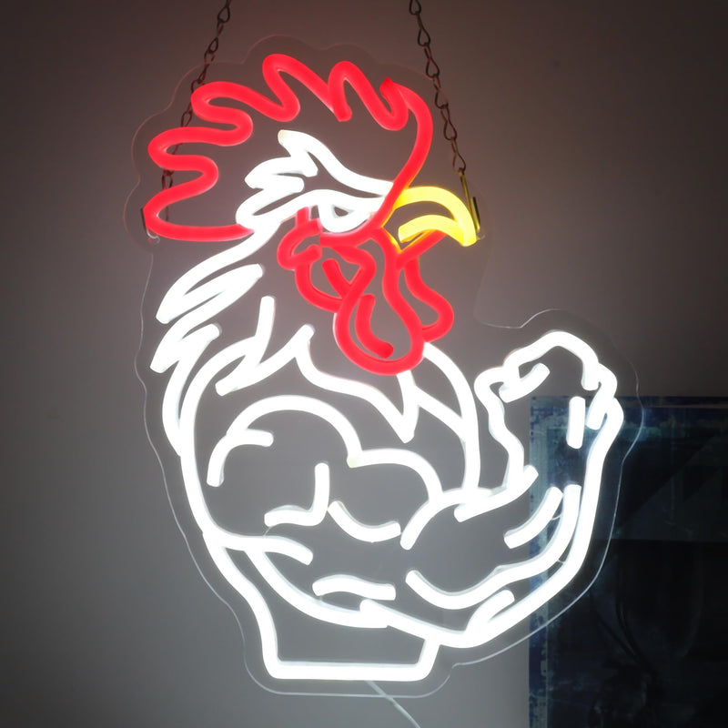 Muscular Rooster Gym Neon Sign for Home Gym Decor, Bodybuilding Funny Chicken Led Neon Light for Workout Trainer Room, Farmhouse,Bold Gifts for Game Rooms, and Man Caves Muscular Rooster-Red White