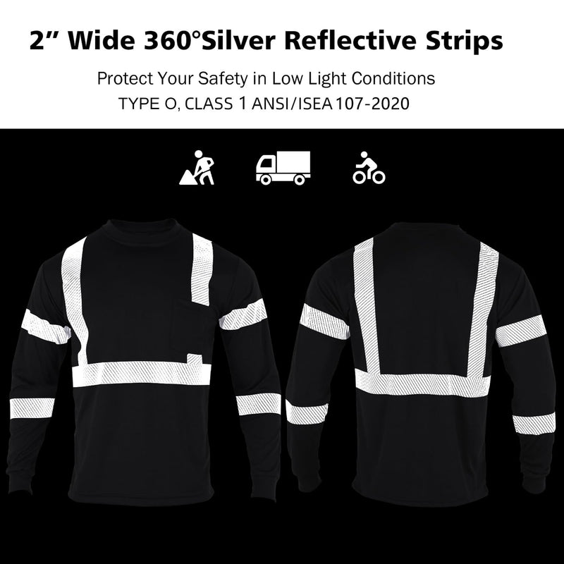 VENDACE Safety Reflective High Visibility Long Sleeve Shirts ANSI Class 3 Hi Vis Construction Work T Shirts for Men Large Black