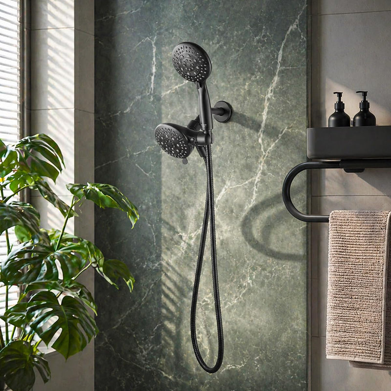 Cobbe Dual Shower Head Combo, 2-in-1 Water Saving System with 59-Inch Stainless Steel Hose, 1.8 GPM Rainfall and Handheld Spray, 3-Way Diverter with Anti-Swivel Lock Nut, Matte Black