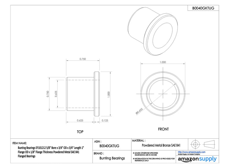[Australia - AusPower] - Bunting Bearings EF101212 Flanged Bearings, Powdered Metal SAE 841, 5/8 " Bore x 3/4 " OD x 3/4 " Length 1 " Flange OD x 1/8 " Flange Thickness (3 Pack) 