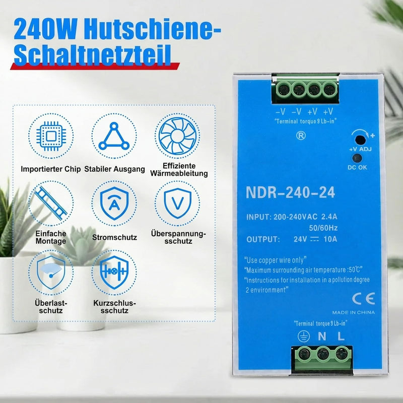 24 V power supply, DIN rail, 240 W, DIN rail switching power supply, input AC 100-220 V, 2.4 A output, DC 24 V, 10 A, multiple protection functions, industrial model NDR-240W-24V. 240W-10A