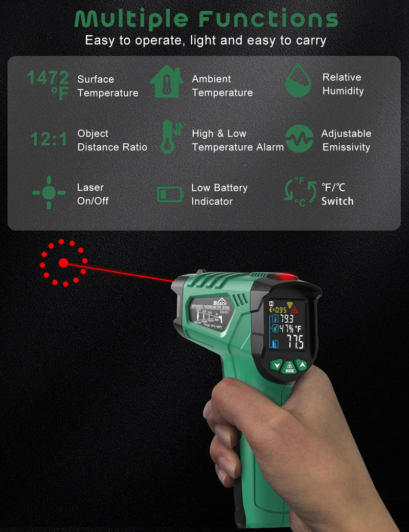 [Australia - AusPower] - Infrared Thermometer Gun,SQECH Laser Thermometer Gun -58℉～1472℉(-50℃～800℃),Temperature Gun with Ambient Temperature/Humidity/Adjustable Emissivity/Color Backlight for Cooking, Oven,Engine,HVAC Green(-58℉～1472℉) 