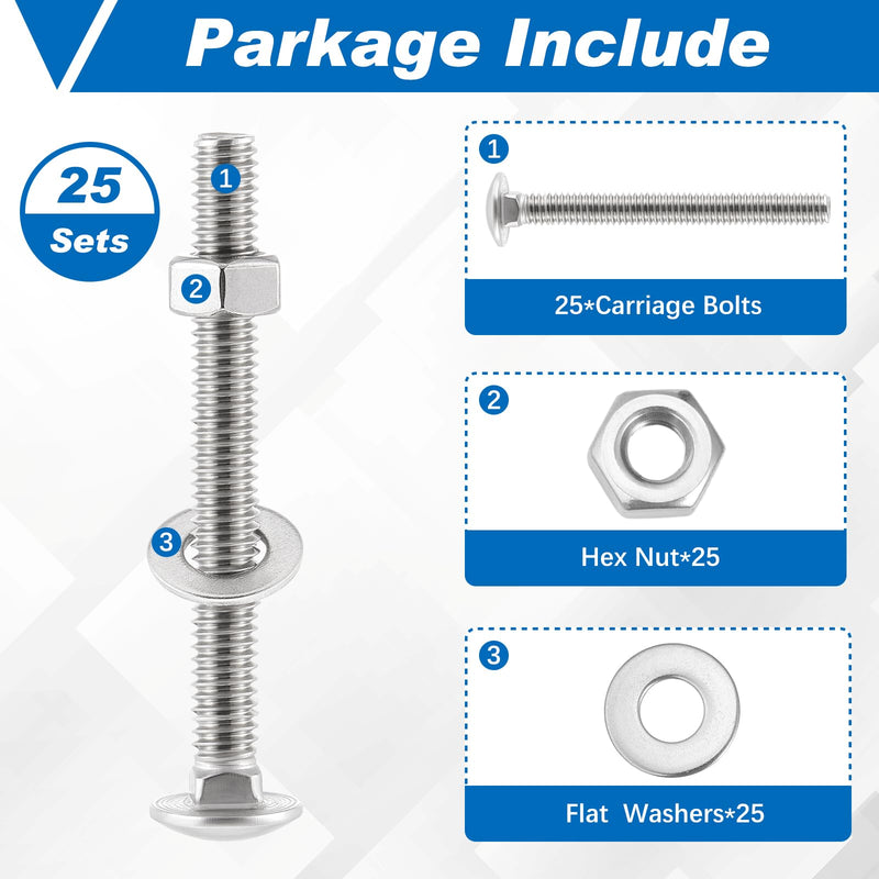 Zonon 25 Sets 5/16-18 x 3" Stainless Steel Carriage Bolts and Nuts Kit Round Head Square Neck Carriage Bolts Screws and Hex Nuts and Flat Washers, Stainless 18-8 Full Thread Coverage (Silver) 5/16-18 x 3" Silver