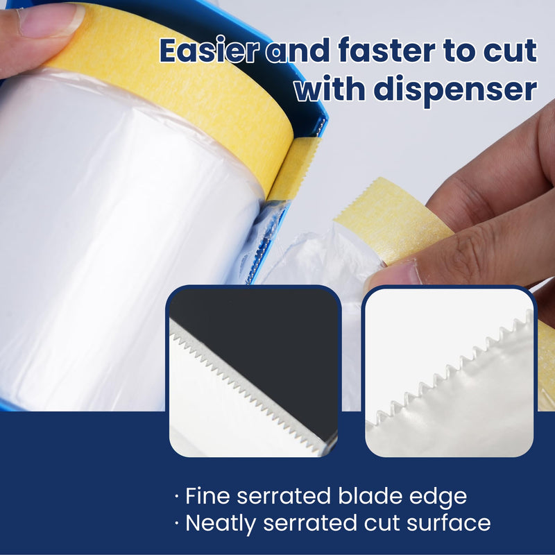 ADHES Pretaped Masking Film with Dispenser, 550mm x 33m (22in x 108ft), Paint Protection Plastic Drop Cloth for Painting, Automotive, Furniture and Floor Covering 22in x 108ft 1