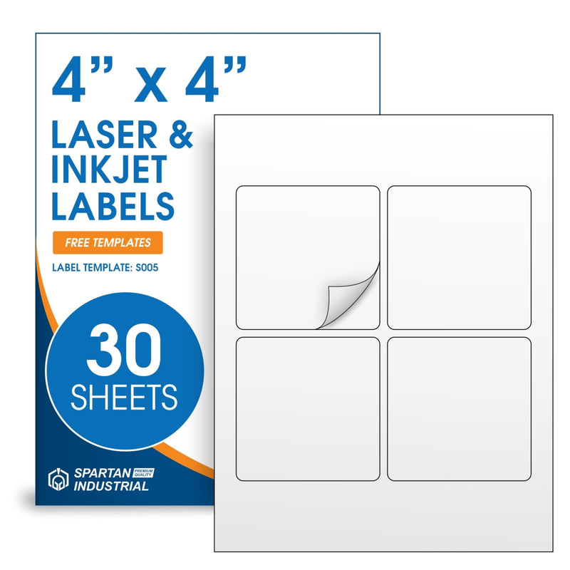 4" X 4" Square Printable Labels for Inkjet and Laser Printers - 500 Sheets, 2000 Matte White Custom Stickers for Business Logos, QR Code Stickers, Product Labeling - Spartan Industrial Template S005 4" X 4" 500.0