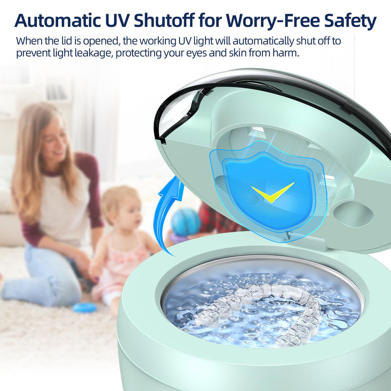 [Australia - AusPower] - Ultrasonic Retainer Cleaner, Retainer Cleaner for Dentures, Mouth Guards, Braces, Toothbrush Heads, Jewelry with UV-C Cleaner, 45kHz Ultrasonic, 4 Mode Ultrasonic Cleaner Machine (Green) Green 