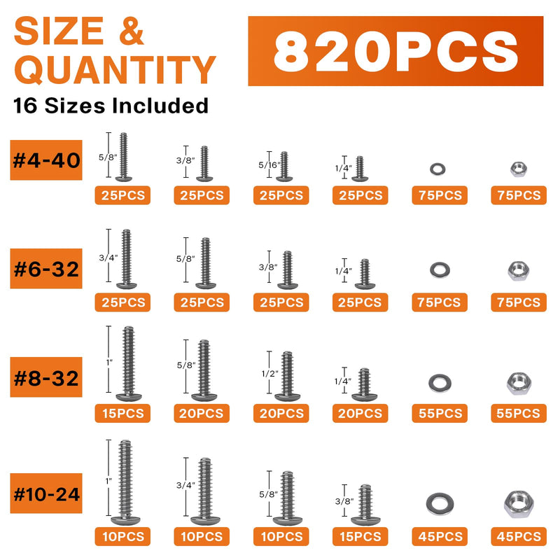 Machine Screws Assortment kit,820PCS #10-24#8-32#6-32#4-40 Phillips Pan Head Screws Bolts, 304 Stainless Steel for Electrical Wall Socket,Household Repairs #4#6#8#10 Phillips Head
