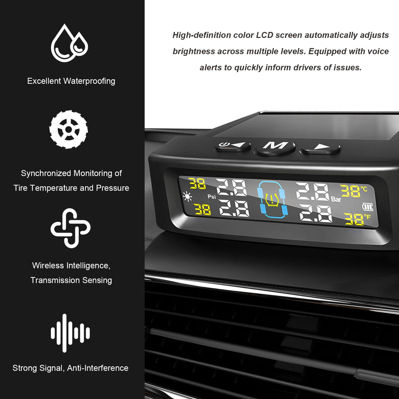 Tire Pressure Monitoring System, Wireless Tire Pressure Monitor with Solar/USB Charger & 4 External Sensors, 6 Alarm Modes Real-time LCD Display TPMS for Car Trailer Truck