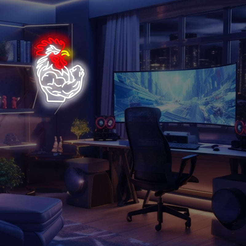 Muscular Rooster Gym Neon Sign for Home Gym Decor, Bodybuilding Funny Chicken Led Neon Light for Workout Trainer Room, Farmhouse,Bold Gifts for Game Rooms, and Man Caves Muscular Rooster-Red White