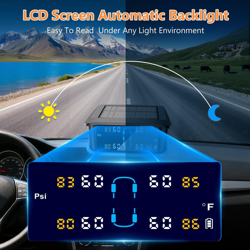 [Australia - AusPower] - GEARGO Tire Pressure Monitoring System, Real-time Solar Wireless TPMS with 4 Tire Pressure Sensor, Digital LCD Display, Auto Security Alarm for RV SUV MPV Truck Sedan 