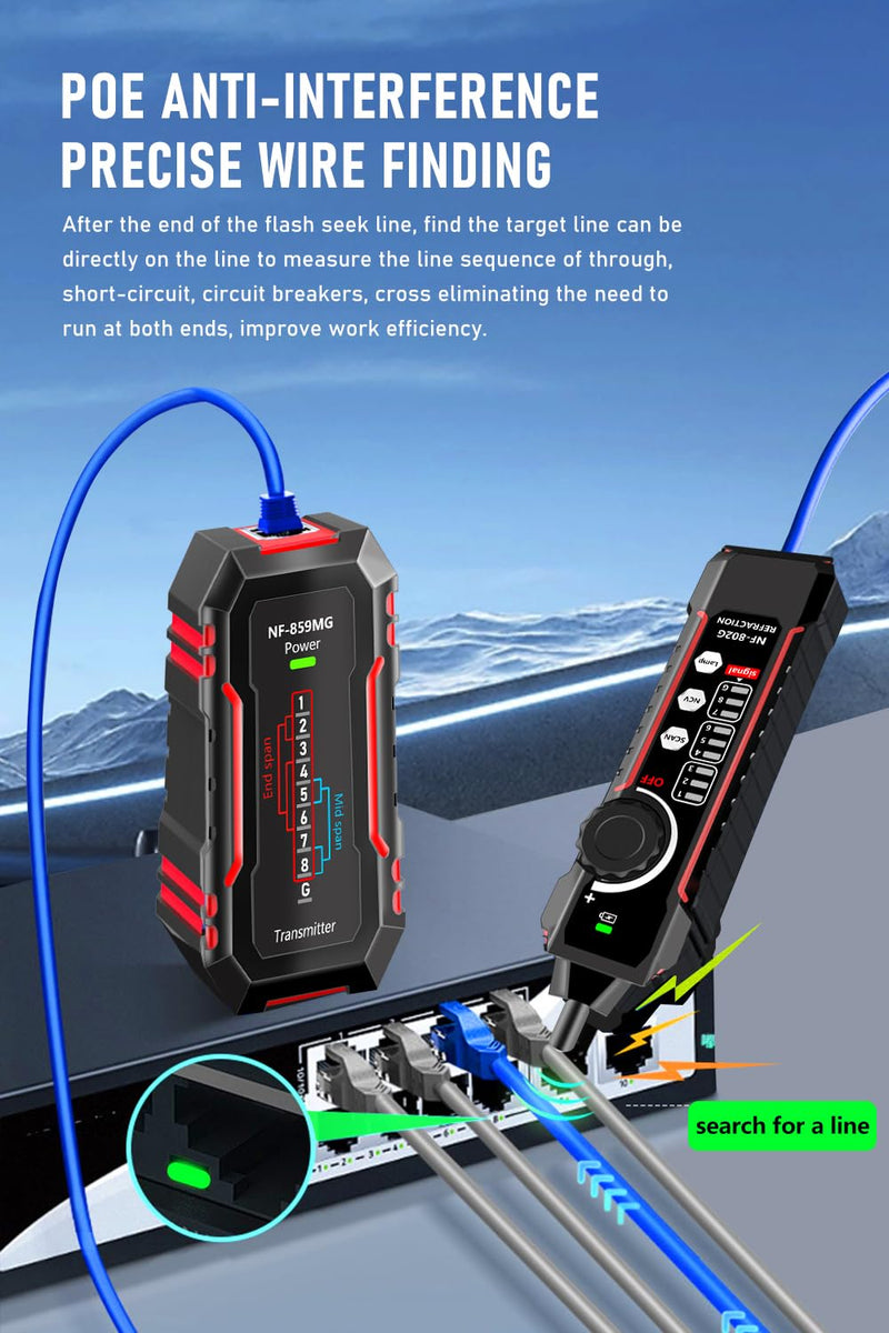 [Australia - AusPower] - NF-802MG Network Cable Tester with POE/Cat5/Cat5e/Cat6/Cat6a CAT3 Phone Line RJ11 RJ45 Ethernet LAN Telephone Cable Fault Finder with Toner Function (2025 New Version) Gray 