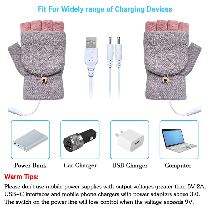 [Australia - AusPower] - Women's & Men's USB Heated Gloves Mitten Full & Half Fingerless Winter Hands Warmer Laptop Gloves Grey Pink 