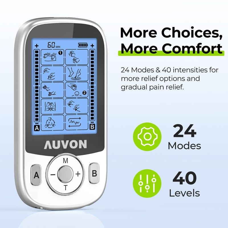 AUVON TENS Unit Muscle Stimulator with Independent Dual Channels for Back Pain Therapy, Rechargeable TENS Machine with 24 Modes & 40 Intensities for Gradual Neck, Sciatica Relief, with 12 TENS Pads