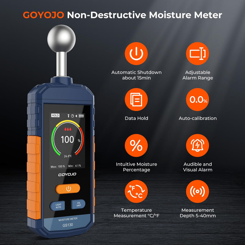 [Australia - AusPower] - Pinless Wood Moisture Meter for Walls & Drywall | Digital Moisture Detector, Concrete Moisture Meter & Firewood Reader | GS130 USB-C Rechargeable Humidity Tester 