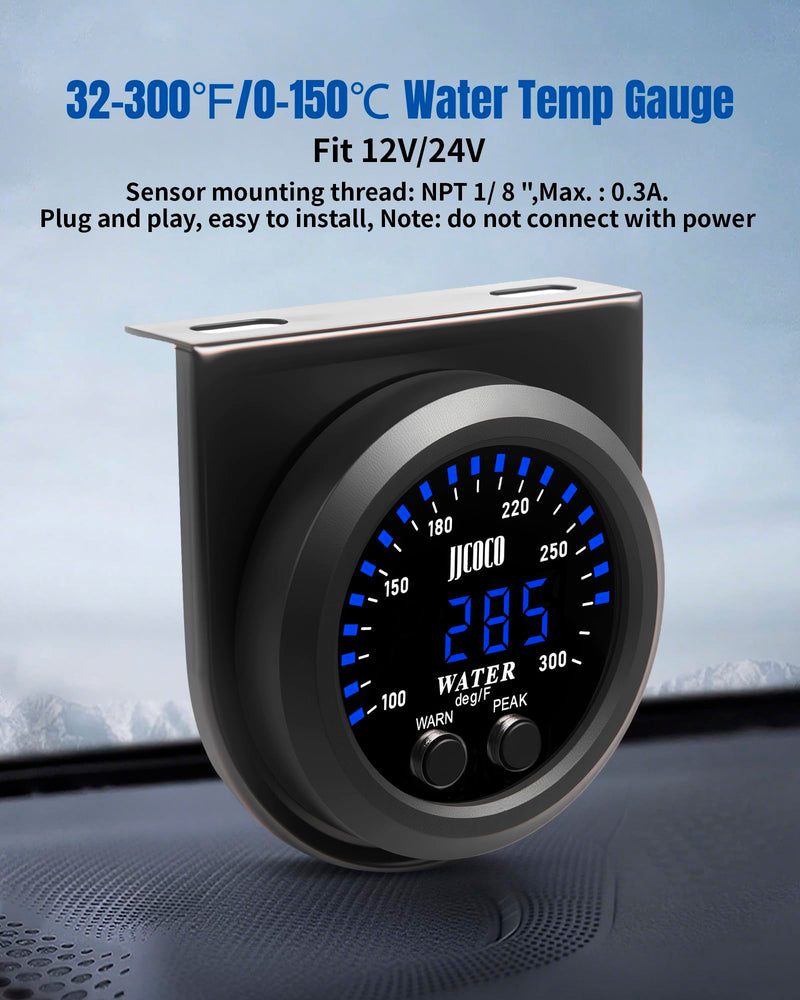 [Australia - AusPower] - Water Temperature Gauge with 1/8NPT Sensor & Bracket 300°F Digital LED Display Water Coolant Temperature Gauge for Cars Trucks Ships Vehicle Automotive Boat Marine 2”/52mm Blue 32-300°F (Fahrenheit Display) 