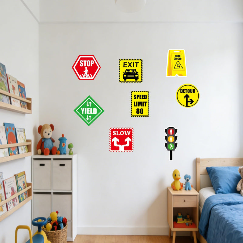 18 Pack Road Signs Wall Decal Traffic Street Sign Sticker - Stop Street Transportation Construction Car Wall Decals Road Sign Stickers for Back to School Decor Kid Bedroom Classroom Bulletin Board