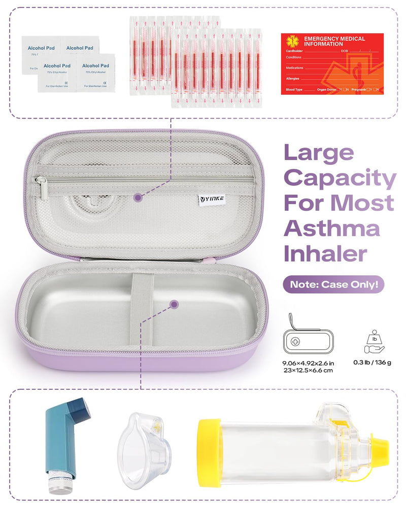 Asthma Inhaler Portable Case for Adults, Kids & Seniors - Temp-Humidity Resistant, Multi-Zone Lining for Inhaler/Spacer/Emergency Meds, Waterproof PU & Travel-Ready, Violet (Only Case)