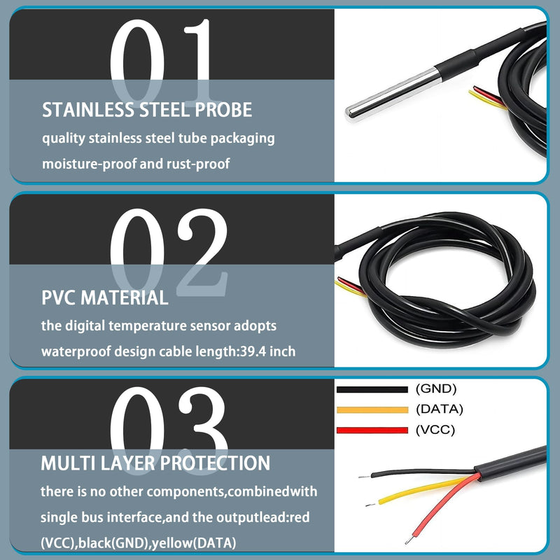 [Australia - AusPower] - DS18B20 Temperature Sensor Module Kit with High-Accuracy Waterproof for Arduino Raspberry Pi DIY and Other Experiments 5pcs 3.3Ft Temperature Sensor kit 