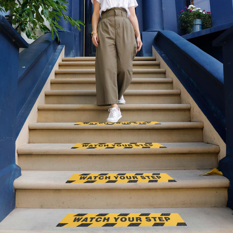 Watch Your Step Sign, Caution Tape Yellow Black Anti Slip Tape 1.97in X 16.4ft Grip Tapes for Stairs Waterproof Safety Grip Tapes for Stairs Steps Ladder Indoor Outdoor Treads Floor Caution