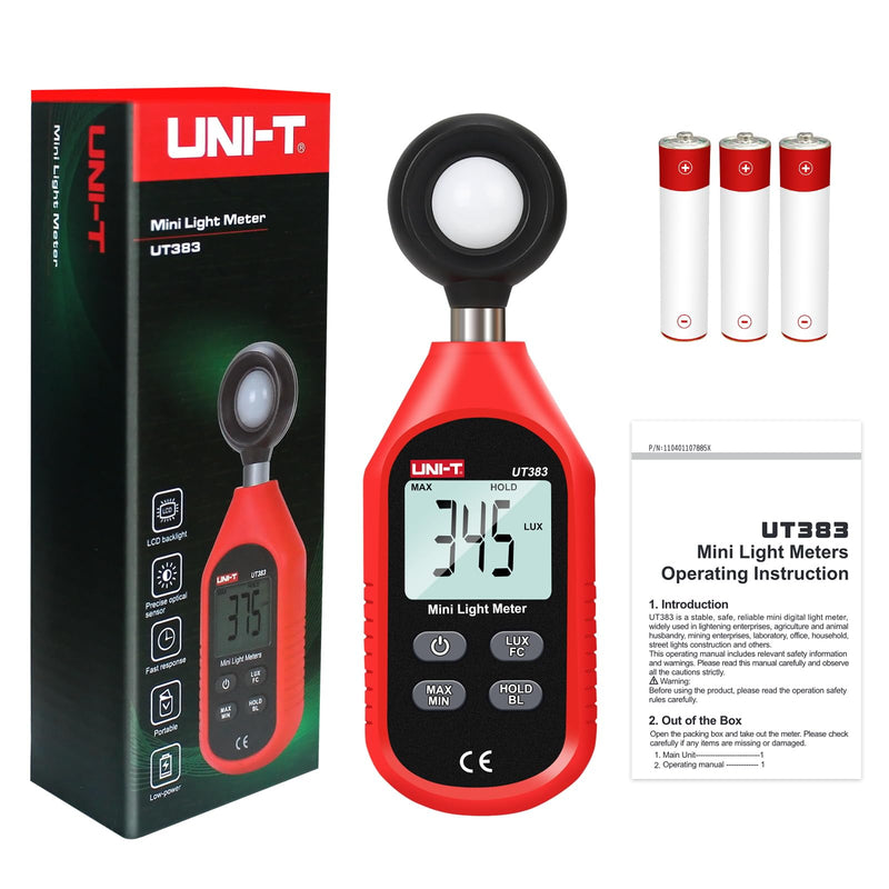 UNI-T UT383 Light Meter Lux Meter Lumens Digital Illuminance Meter 0~199,900 Lux (0~18,500 FC) Foot Candles Luxmeter for Film Photography Plants Photometer Lighting Intensity Brightness Measurement