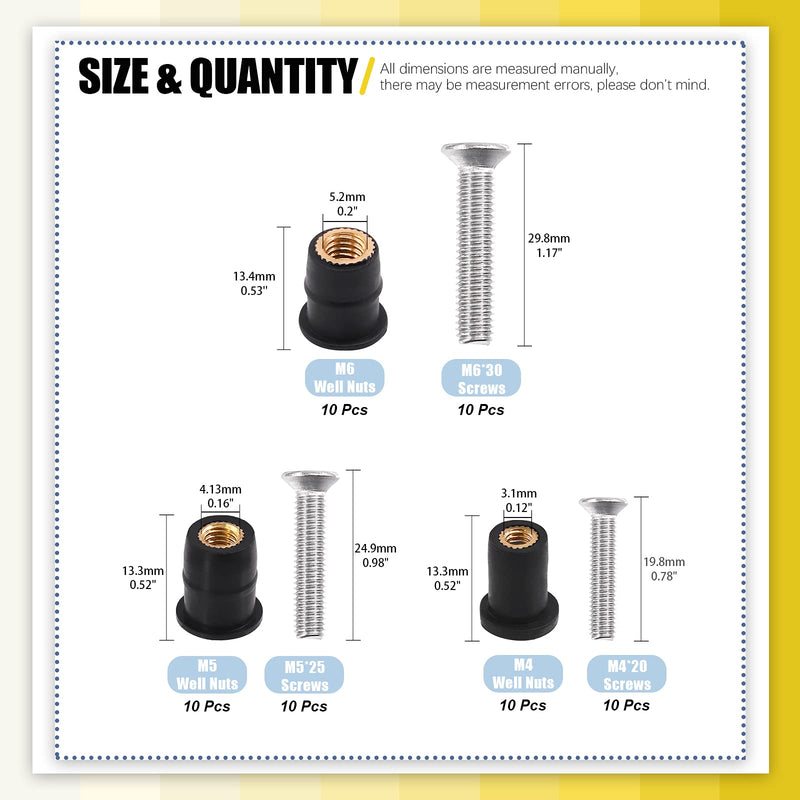 [Australia - AusPower] - 60Pcs M4 M5 M6 Well Nut Expansion Nuts and 304 Stainless Screw Rubber and Steel Parts Windscreen Nuts Accessories for Motorcycle Kayak Boats 