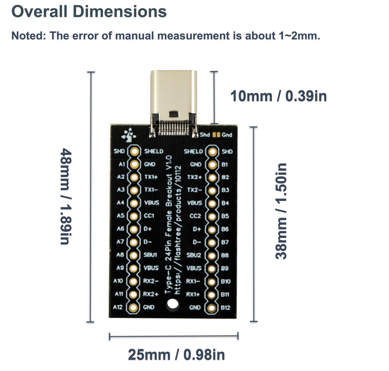 [Australia - AusPower] - USB Type C Breakout Board Female 24Pin Full Pins Output Gold Plated PCB USB C Interface Replacement (Pack of 2pcs) USB C Breakout 24Pin Female (2pcs) 
