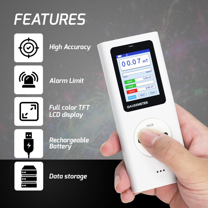 [Australia - AusPower] - Gauss Meter, Tesla Meter Gaussmeter with 0~25k Gs (0-2500mT) Range, Magnetometer Magnetic Field Strength Tester, HD Display/Audible Alerts/Data Storage, N/S Pole Detection, Industrial, Workshops 