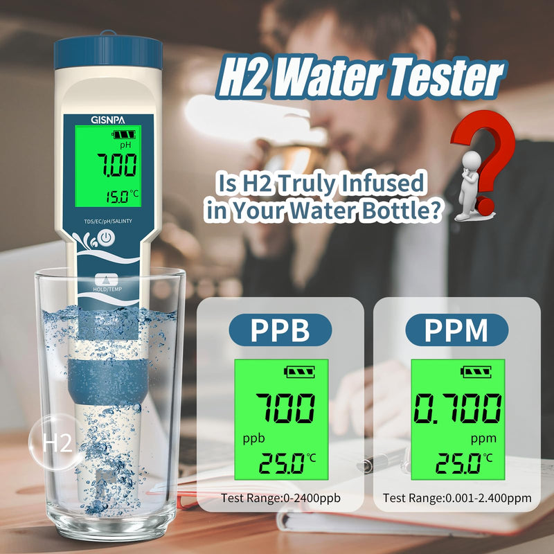 [Australia - AusPower] - PH Meter, Hydrogen Water Tester, Digital 4-in-1 PH ORP H2 Temp Meter with ATC, H2 Water PPB/PPM Meter, 0.01 Resolution High Accuracy PH Tester for Drinking Water 