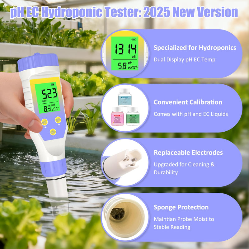 [Australia - AusPower] - pH Meter for Water Hydroponics, 5-in-1 pH TDS EC Salt Tester for Water Nutrient Solution, Simultaneous Display of pH EC Temp for DWC Reservoir Tank, Aeroponic Garden, Growing System Purple 