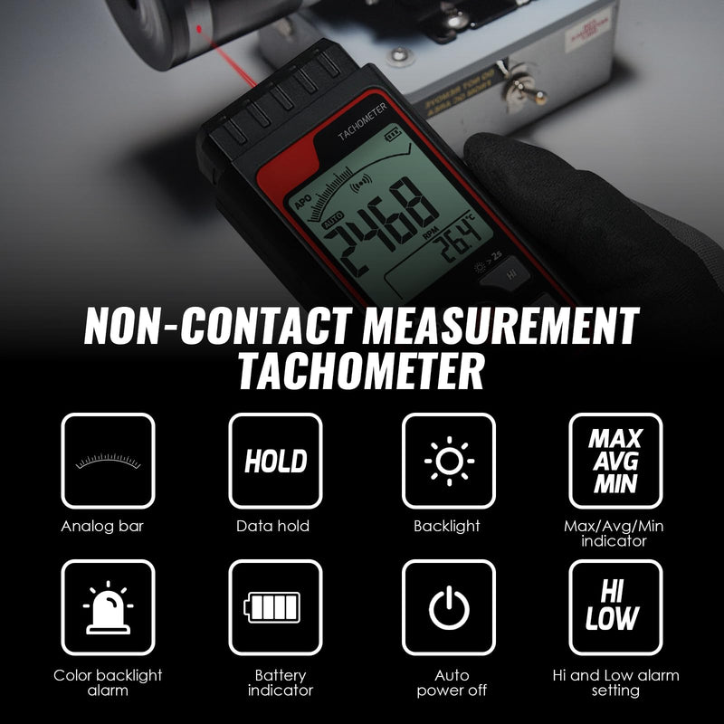 [Australia - AusPower] - Digital Tachometer Noncontact Laser Photo Sensor Rotation Speed Tach Meter, 2.5-99999 RPM Range High Accuracy with Alarm Function Backlight Analog Bar Scale Data Hold Max/Min/AVG Large LCD 