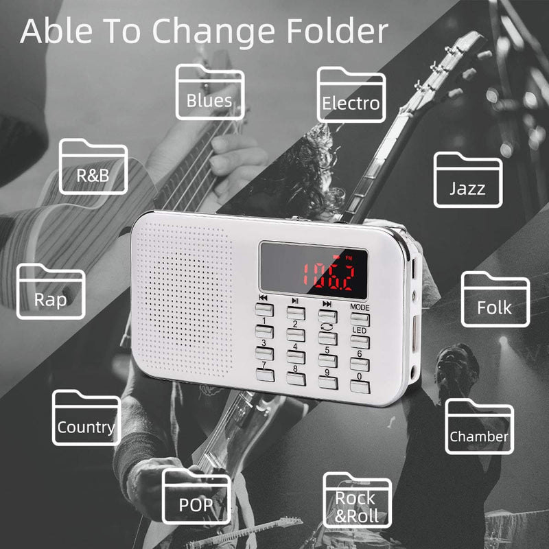 [Australia - AusPower] - Mini Portable Radio AM FM Pocket Radio with MP3, LED Flashlight, Digital Radio Speaker Support Micro SD/TF Card/USB, Auto Scan Save, 1200mAh Rechargeable Battery Operated, by PRUNUS White 