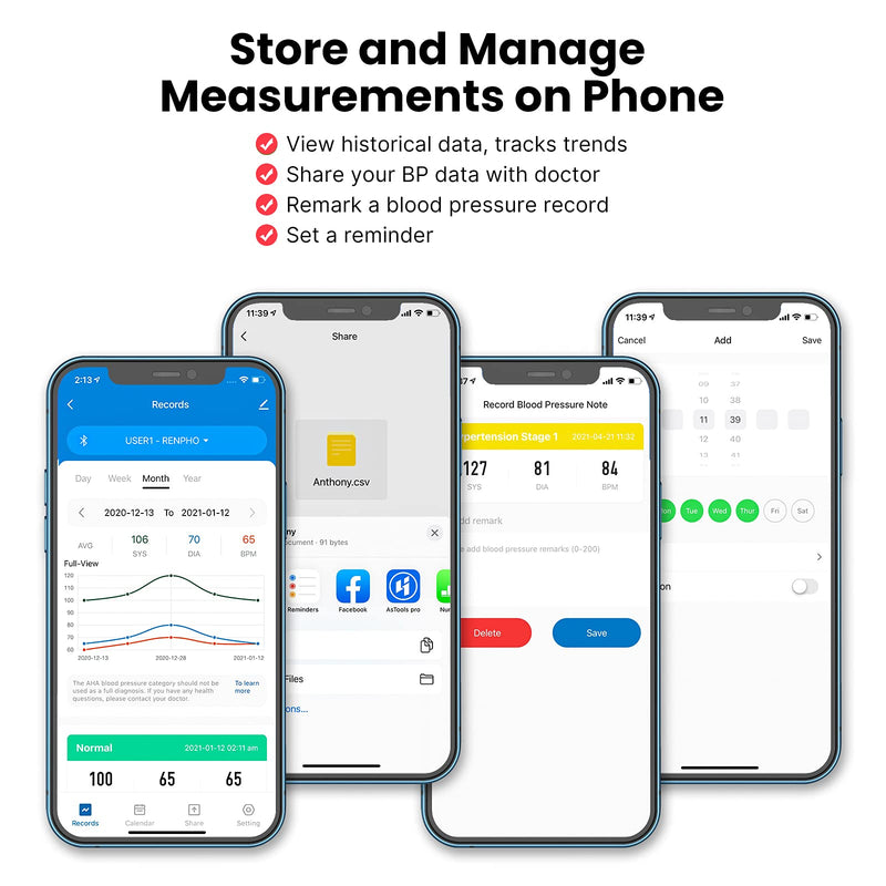 [Australia - AusPower] - RENPHO FSA HSA Eligible Blood Pressure Monitor for Home Use, Bluetooth Smart BP Machine with Wide Range Cuff for Large Size Adult Arms, Muti-User, Data Storage, Family Supplies 