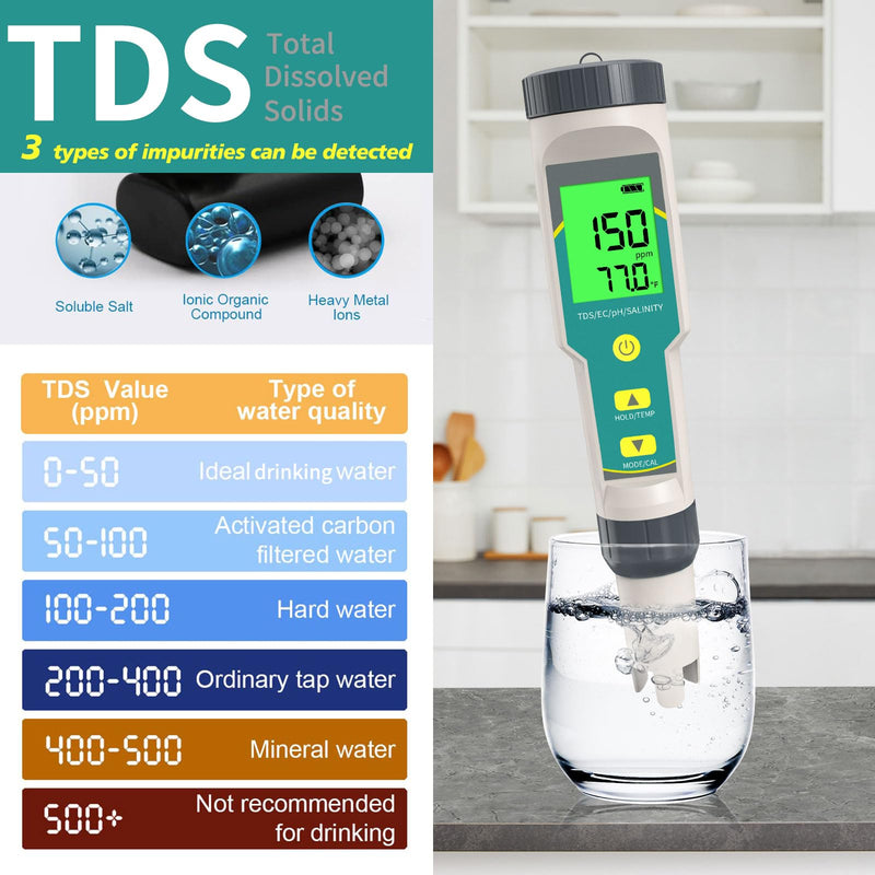[Australia - AusPower] - Digital pH/TDS Meter with ATC Water pH Tester, 5 in 1 pH TDS EC Salinity Temp 0.01 Resolution, High Accuracy Water Quality Tester for Water, Wine, Pool, Aquariums 