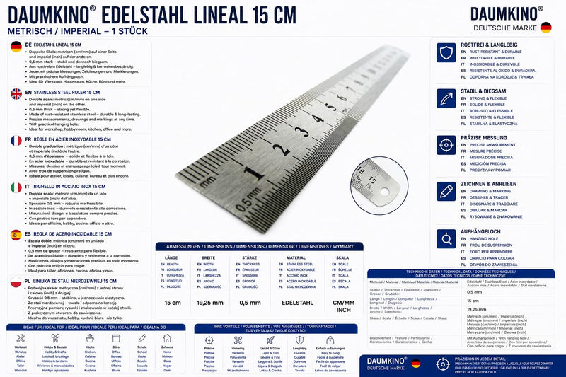 Stainless steel ruler, metal, 15 cm | Millimeter & Inch Scale, For School, Office & Workshop, Single Lengths Or Set Available 15 cm (Single)