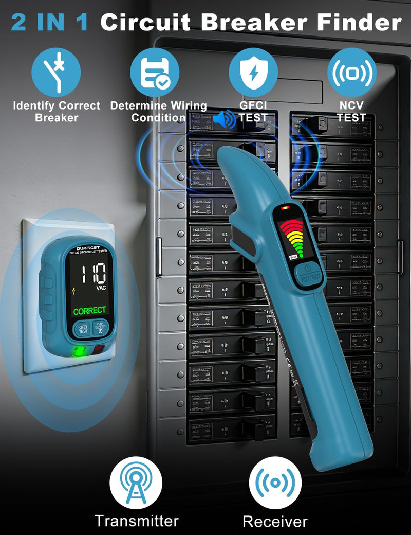 [Australia - AusPower] - DURFICST Circuit Breaker Finder with Dual LCD Display, GFCI Outlet Tester, 90-135V NCV Electrical Circuit Tracer Tool with Buzzer Alarm for Home/Workshop, Includes Carrying Case DCT330 