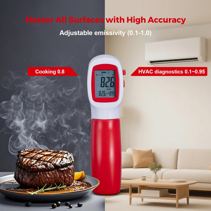 [Australia - AusPower] - Infrared Thermometer for Meat,Laser Temperature Gun,-58~1112°F,DS 12:1 Digital IR Temp Gun with Adjustable Emissivity&High/Low Alarm,LCD Display Thermal Gun for Food Oven Cooking HVAC Red 