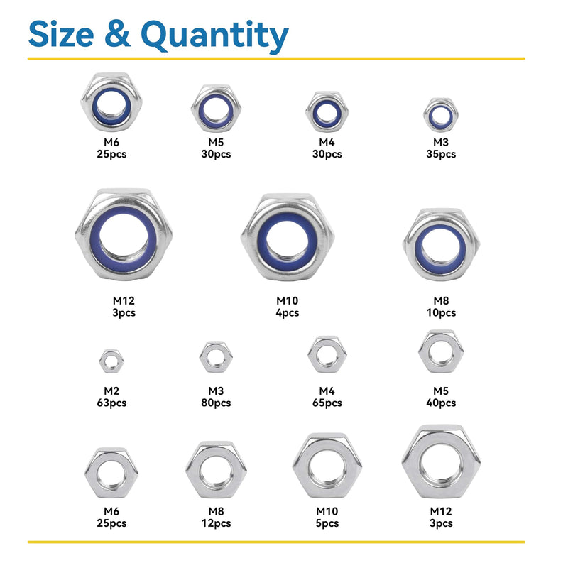 [Australia - AusPower] - 430Pcs Metric Hex Nuts & Locknuts Assortment Kit, M2 M3 M4 M5 M6 M8 M10 M12 304 Stainless Steel Assorted Hex Nuts Sets, Self-Locking Nylon Lock Nuts, Bright Finish 430Pcs Metric Hex Nuts & Locknuts 