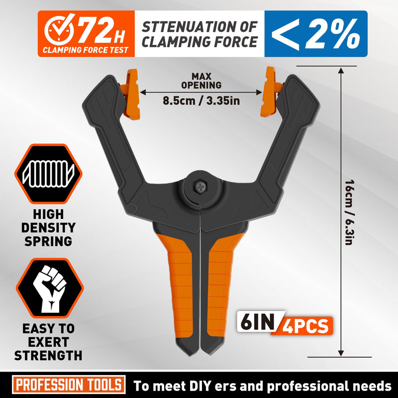 [Australia - AusPower] - AMARTISAN 6 inch Spring Clamps Heavy Duty, 4-Pack Large Clamps for Woodworking Work, Fixing Backgrounds, and Photography DIY, Among Others. 3.35 Inch Mouth Opening. 6" Pack of 4 