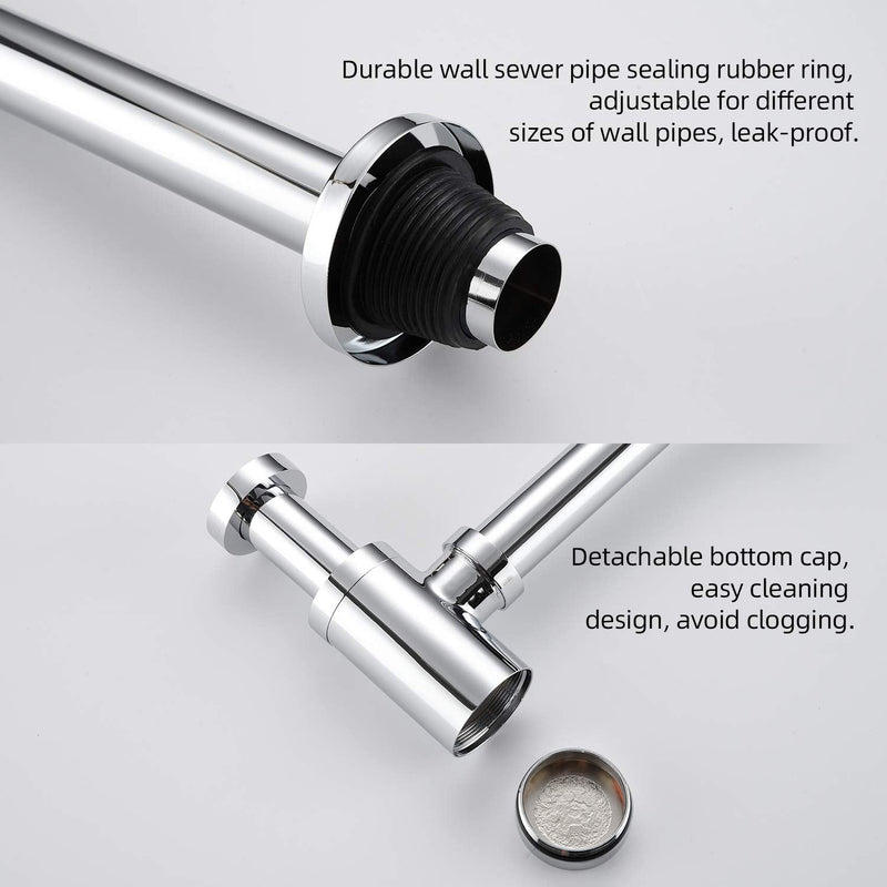 Bathroom Sink Stopper P-Trap Complete Set Adjustable 1-1/4 Sink Drain Kit Tube Solid Brass Bottle Trap w/Pop Up Drain Stopper Set, Overflow Version, Chrome Silver