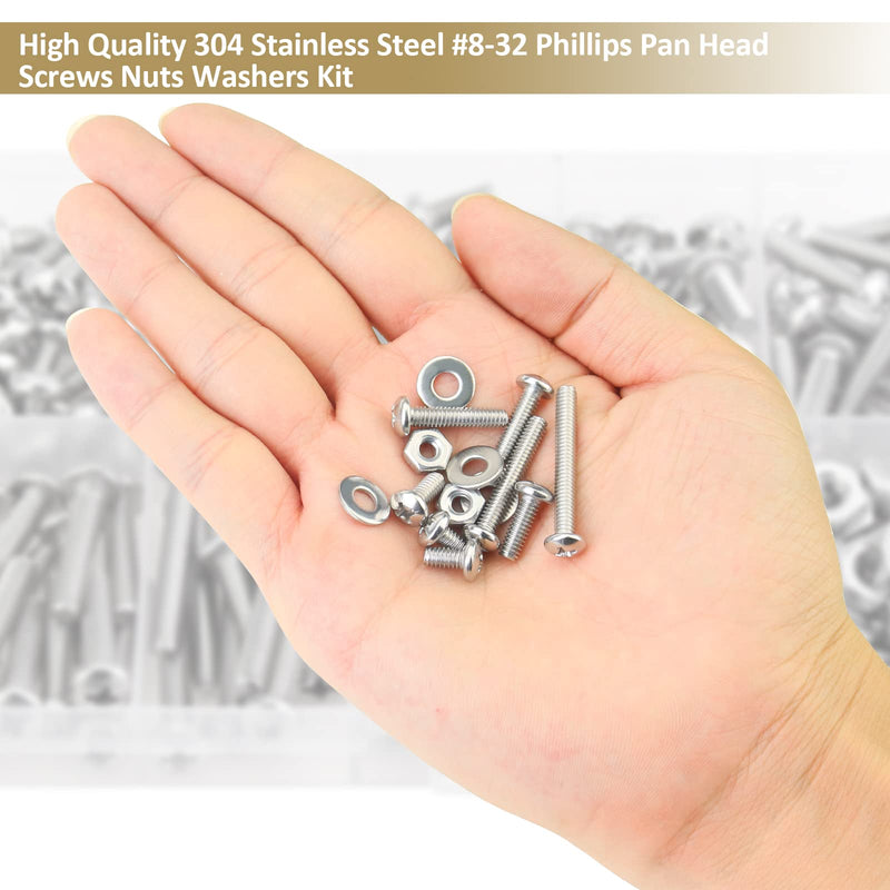 [Australia - AusPower] - 202 Pieces #8-32x 1/4", 5/16", 3/8", 1/2", 5/8", 3/4", 1", 1-1/4", Phillips Pan Head Machine Screws Nuts Washers Assortment Kit, 304 Stainless Steel, Fully Machine Thread #8-32 