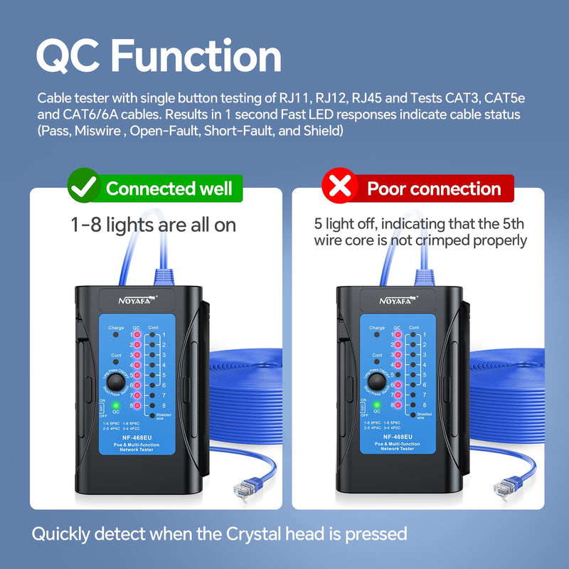 [Australia - AusPower] - Rechargeable Network Cable Tester, NF-468EU Ethernet Cable Continuity Tester for LAN RJ45/RJ11/RJ12/CAT5/CAT6/CAT7/POE Test UTP/STP Shielded Ethernet Wires Test Tool 