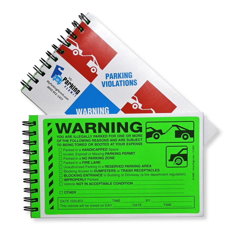 SmartSign Warning You are Illegally Parked Stickers | Book of 50 Labels with Liners, 5 x 8 inch, Tow Warning Parking Violation Sticker, Hard to Remove Write-On Tickets, Fluorescent Green