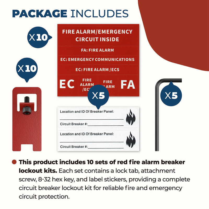 Fire Alarm Breaker Lock, ELOCK-FA Circuit Breaker Lockout Kit with Lock & Tag, 10 Sets Red, for Fire Panel Safety, Prevent Accidental Shutdown
