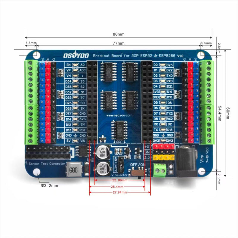 OSOYOO 30P ESP32 & ESP8266 Shiled Breakout Board Terminal Block Shield HAT with Pin Header, 5V 3.3V Power Outputs, GPIO Status LED 30P ESP32&ESP8266 Shiled Breakout Board
