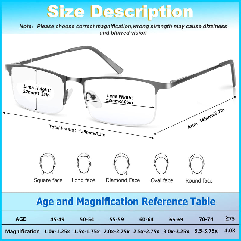 [Australia - AusPower] - 3 Pack Blue Light Blocking Reading Glasses for Men, Stylish Half Frame Metal Computer Readers, Lightweight Spring Hinge Eyeglasses Anti Eyestrain/Glare/UV (Mix Color, Black+Grey+Brown, 1.5) Mix Color(black/Grey/Brown) 1.5 x 
