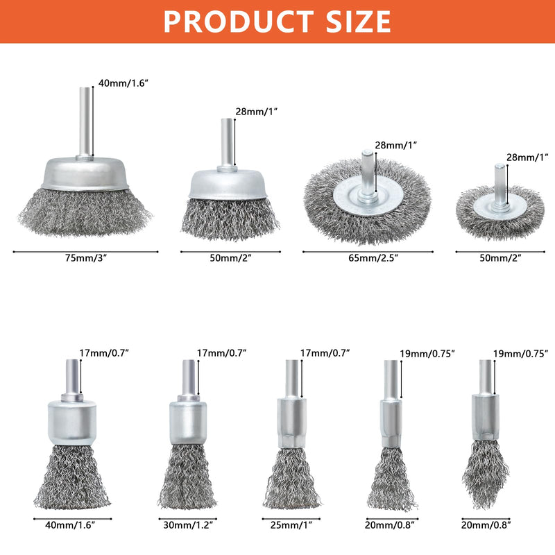 [Australia - AusPower] - 9 Pcs Wire Wheel Brush Set for Drill,Stainless Steel Wire Cup Wheel with 1/4 Inch Shank for Rust Removal, Corrosion and Scrub Surfaces 9PCS 