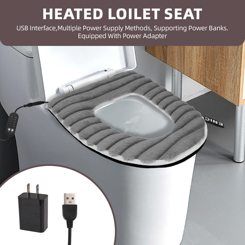 Heated Toilet Seat Cover,USB Powered Toilet Seat Warmer with Charger,5-Speed Adjustable Temperature and Timing Function,Levels Toilet Seat Cover with Soft Plush Fabric,Easy To Clean (Gray) Gray